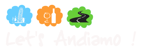 Icons of a tower, wine, and road with 'Let's Andiamo! Tuscany Private Tours' text.