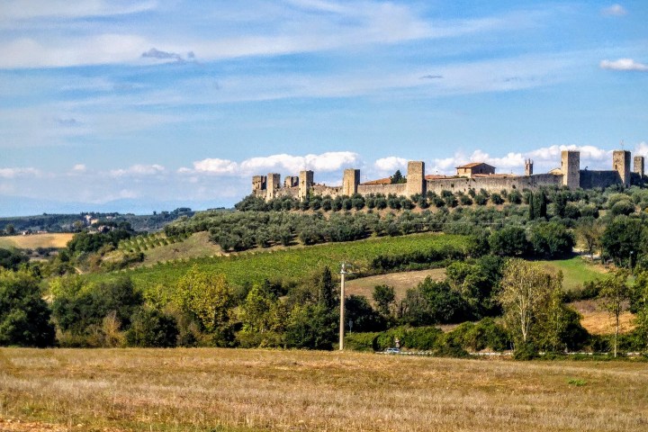 Medieval hilltop castle with stone walls surrounded by trees under blue sky.